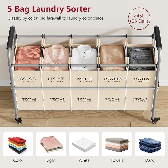 Tajsoon Laundry Sorter 5 Sections, Laundry Hamper