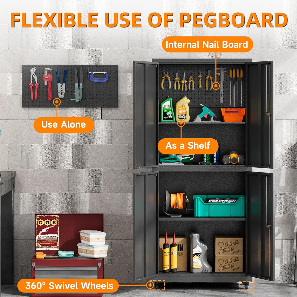 Garage Storage Cabinets System, 3-Pcs Workshop Cabinet Set in Black, Locked G...
