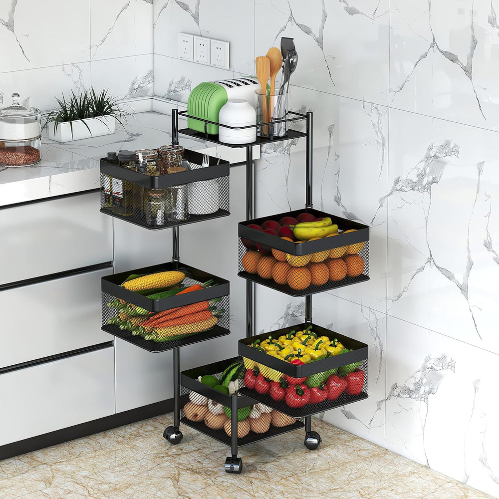 Fruit and Vegetable Basket for Kitchen No Assembly, Rotating Storage Rack,Bat...