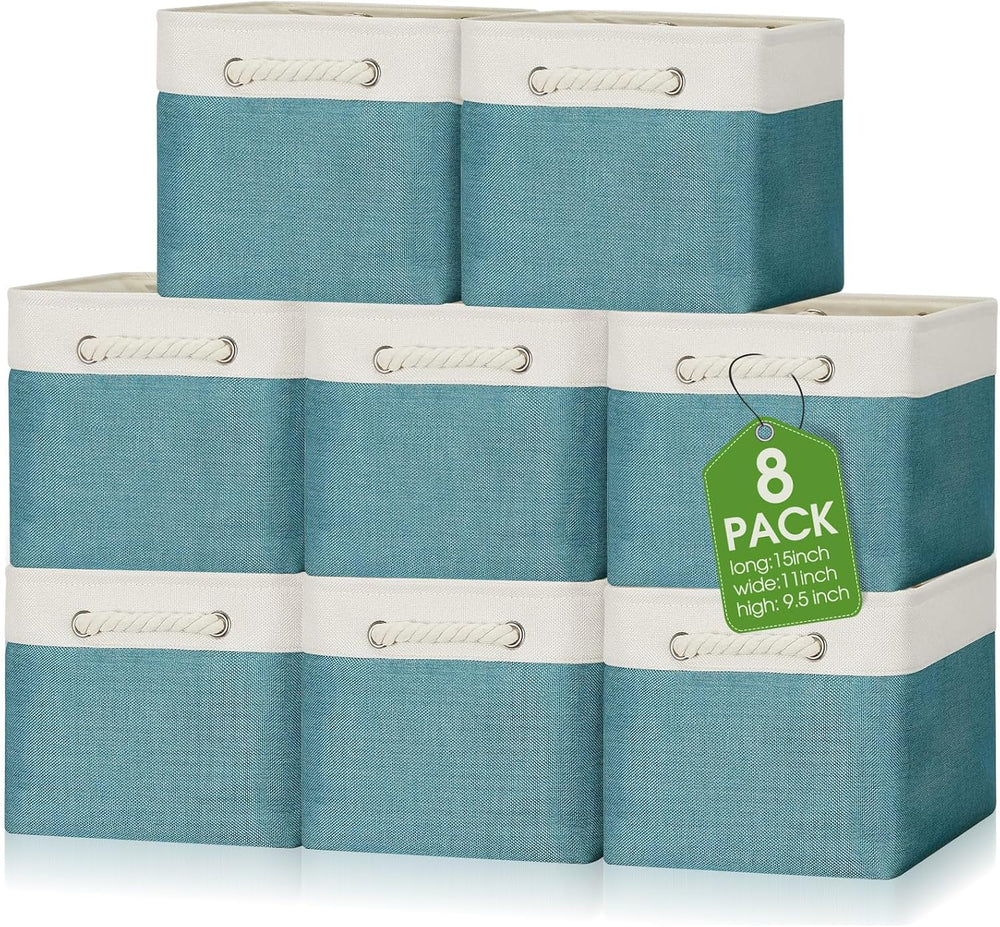 meekoo 8 Pack Fabric Storage Bins Baskets, 15 x 11 x 9.5 in, Cyan White