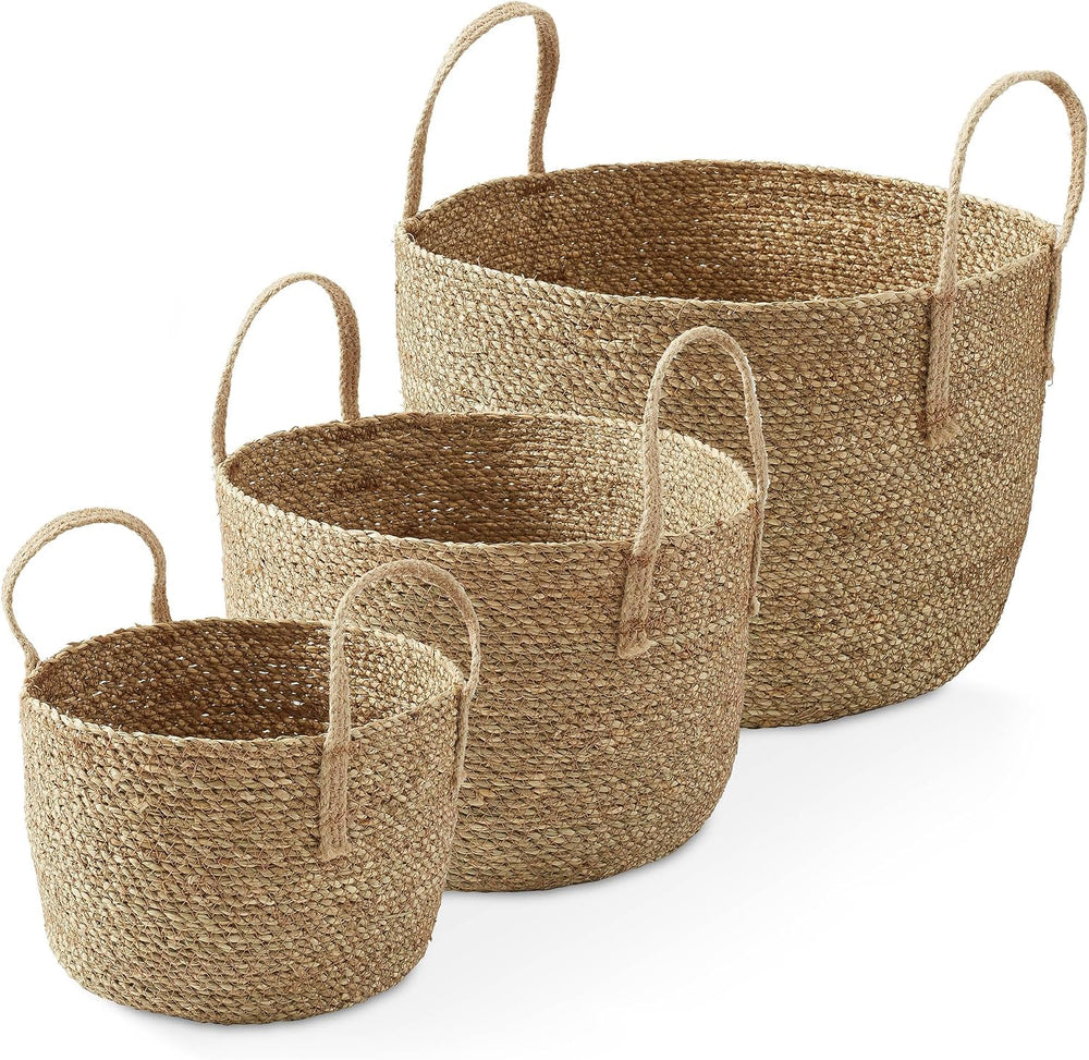Casafield Set of 3 Braided Seagrass Baskets with Jute Handles - Natural, Wove...