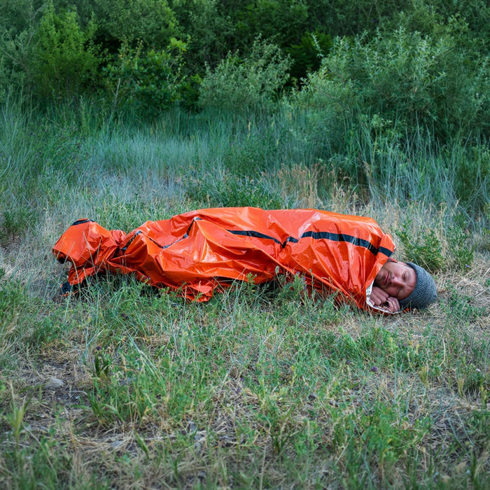 SURVIVE Sleeping Bag 2 Pack, Mylar Emergency Camping Hiking Bivy for Survival Kits, All Weather Thermal Protection, Includes 14 inches of Paracord and Whistle