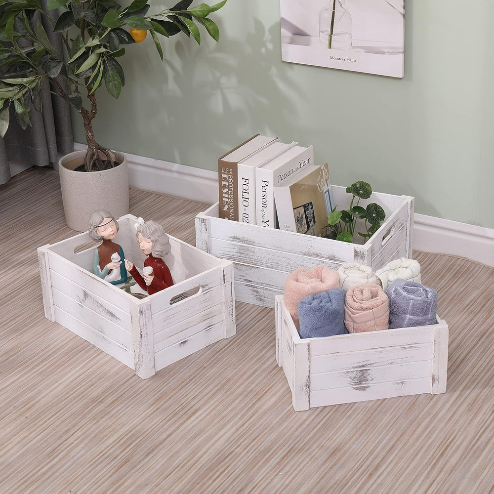 Farmhouse Antique White Wooden Crate For Storage,Rustic Decorative Boxes,Set ...