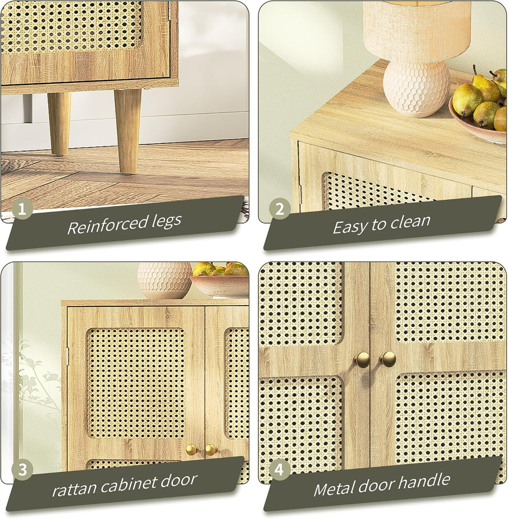 Rattan Sideboard Buffet Cabinet with Storage,Boho Credenza Accent Cabinet wit...