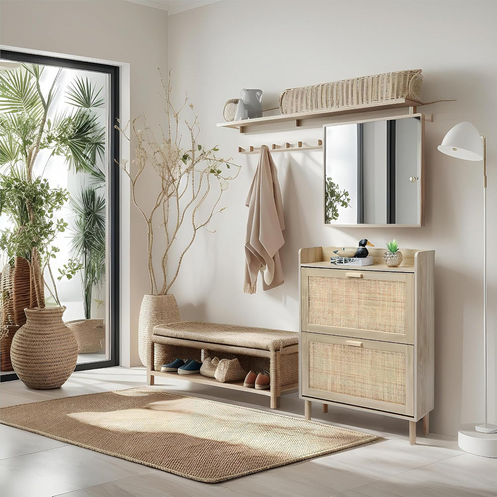Finnhomy Extended Edition Shoe Cabinet with Natural Rattan Flip Drawers for E...