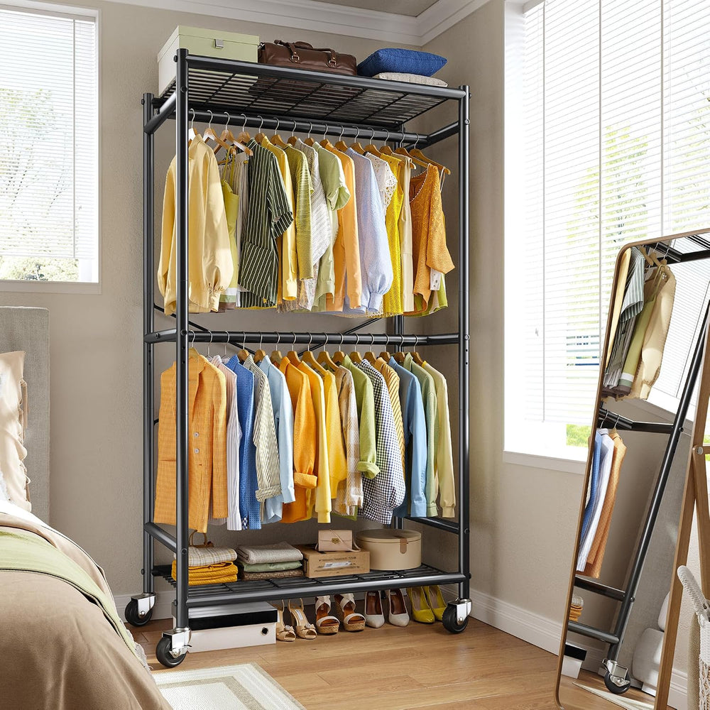 Raybee Clothes Rack, Rolling Portable Closet with Wheels, Double Rod 308LBS