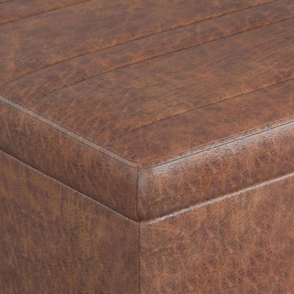SIMPLIHOME Ellis 36" Wide Vegan Leather Storage Ottoman in Saddle Brown