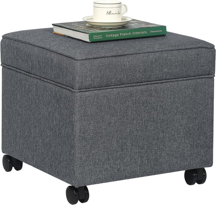 17" Square Storage Ottoman with Wheels, Upholstered Linen Movable Cube Footrest & Extra Seat with Flip Top for Living Room, Bedroom, Dark Grey