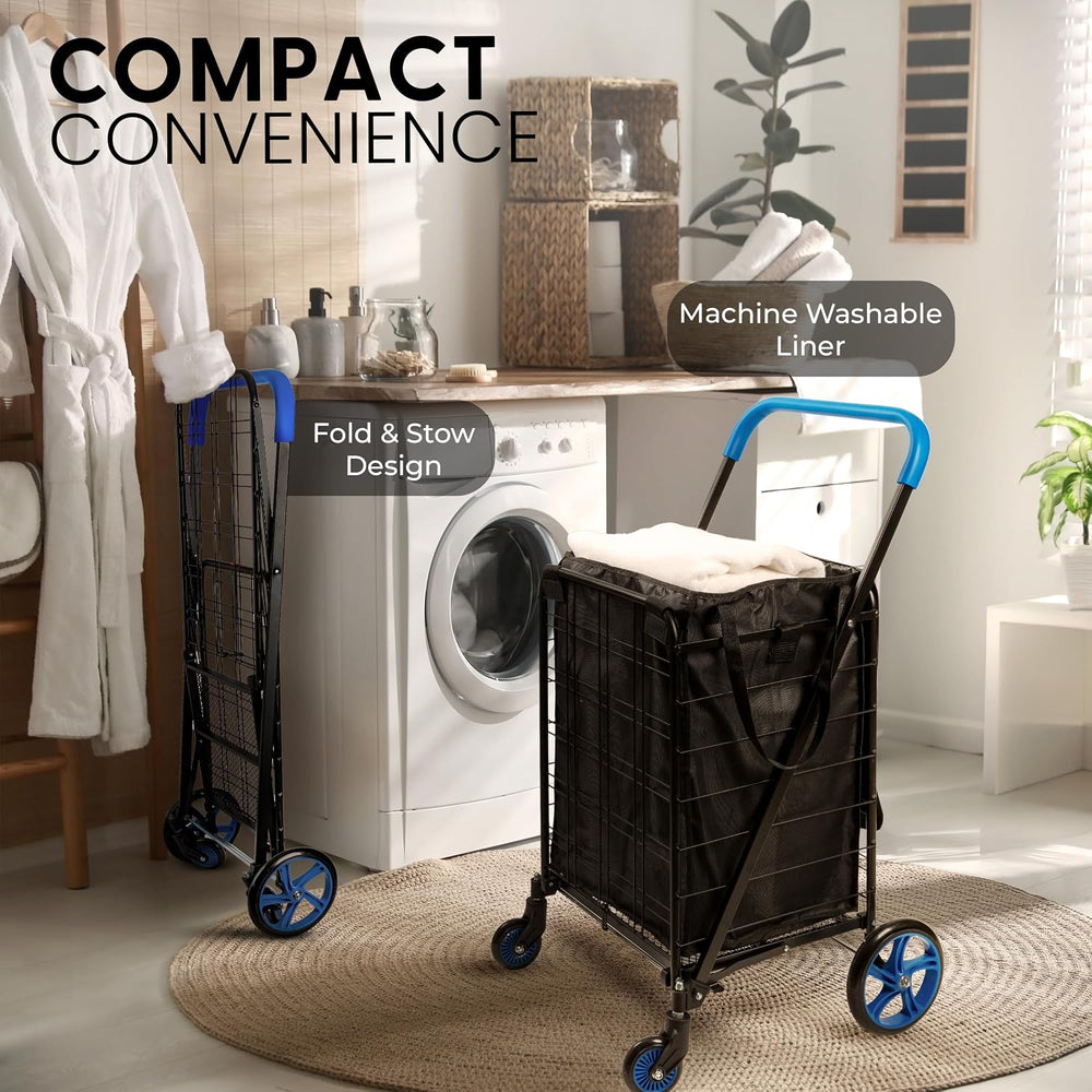 SereneLife Large Folding Utility Shopping Cart with Removable Liner – Heavy D...