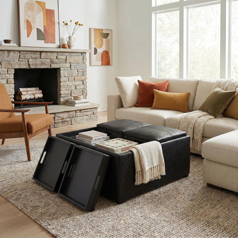 SIMPLIHOME Avalon 35" Wide Vegan Leather Square Storage Ottoman in Black
