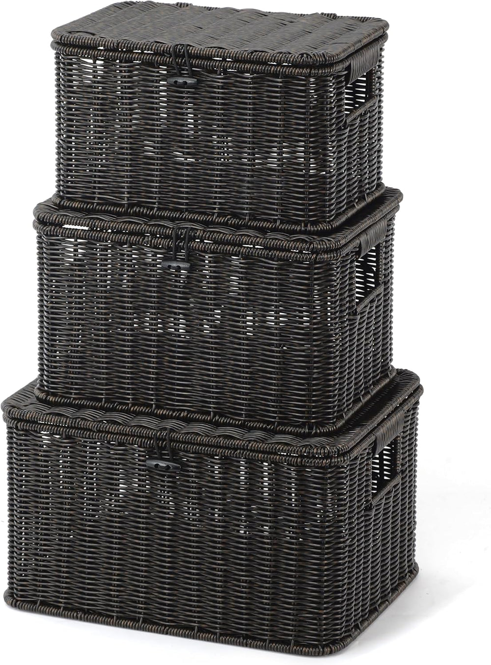 Nonam Wicker Storage Basket With lid, Stackable Plastic Bin (Black, S+M+L)