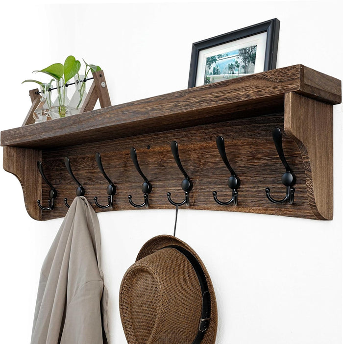WEBI Rustic Coat Rack Wall Mount with Shelf,35" Long Wall Shelf with Hooks Underneath,7 Triple Hooks for Hanging Jacket,Bathroom,Entryway,Weathered Brown