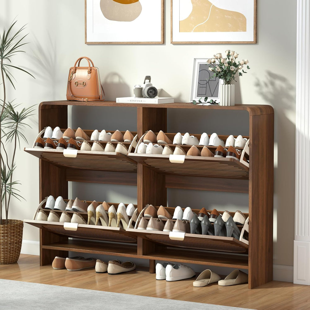 47" Large Shoe Storage Cabinet with 4 Flip Drawer Arched Fluted Pattern,...