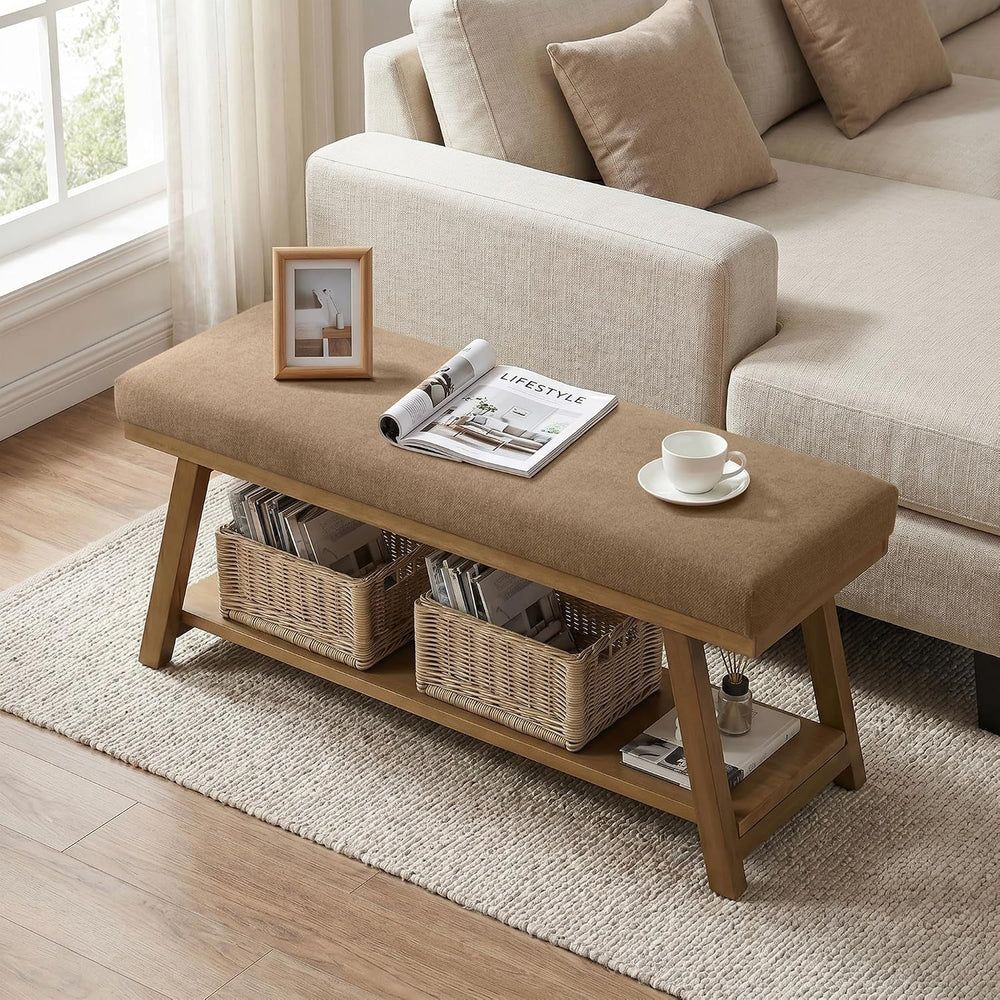 Zihanhome 45" Entryway Bench Upholstered Storage Bench for Bedroom(Brown)