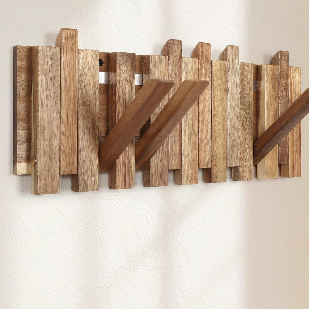 Wall Coat Rack for Entryway: Folding Wood Rustic 8 Hooks