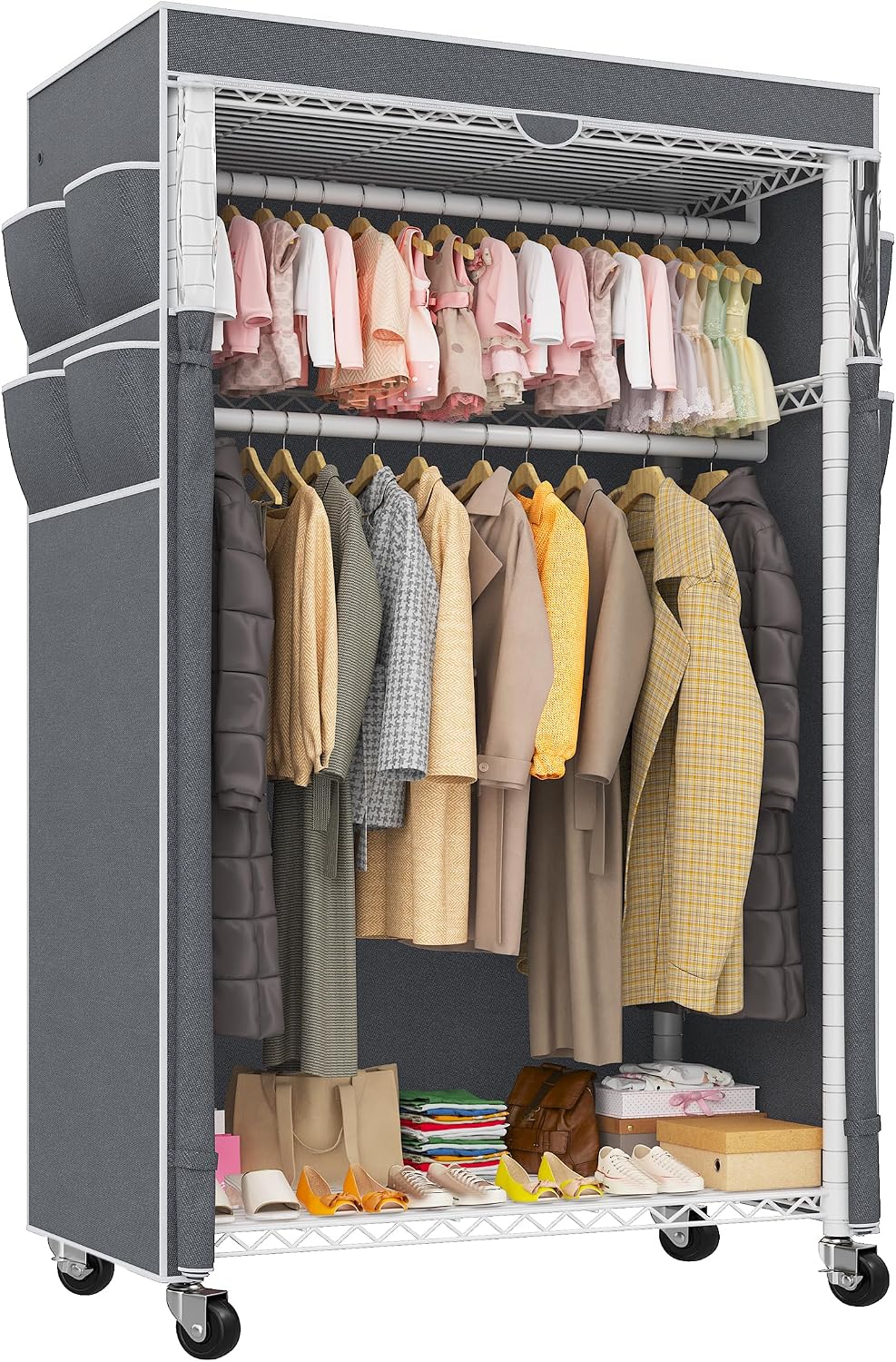 Raybee Clothes Rack with Cover, Rolling Portable Closet, 2 Rods & 2 shelves