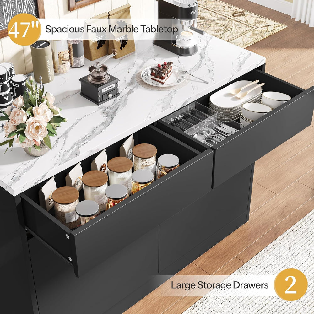 DynJest Kitchen Island with Storage, 47.2" Large Faux Marble Countertop