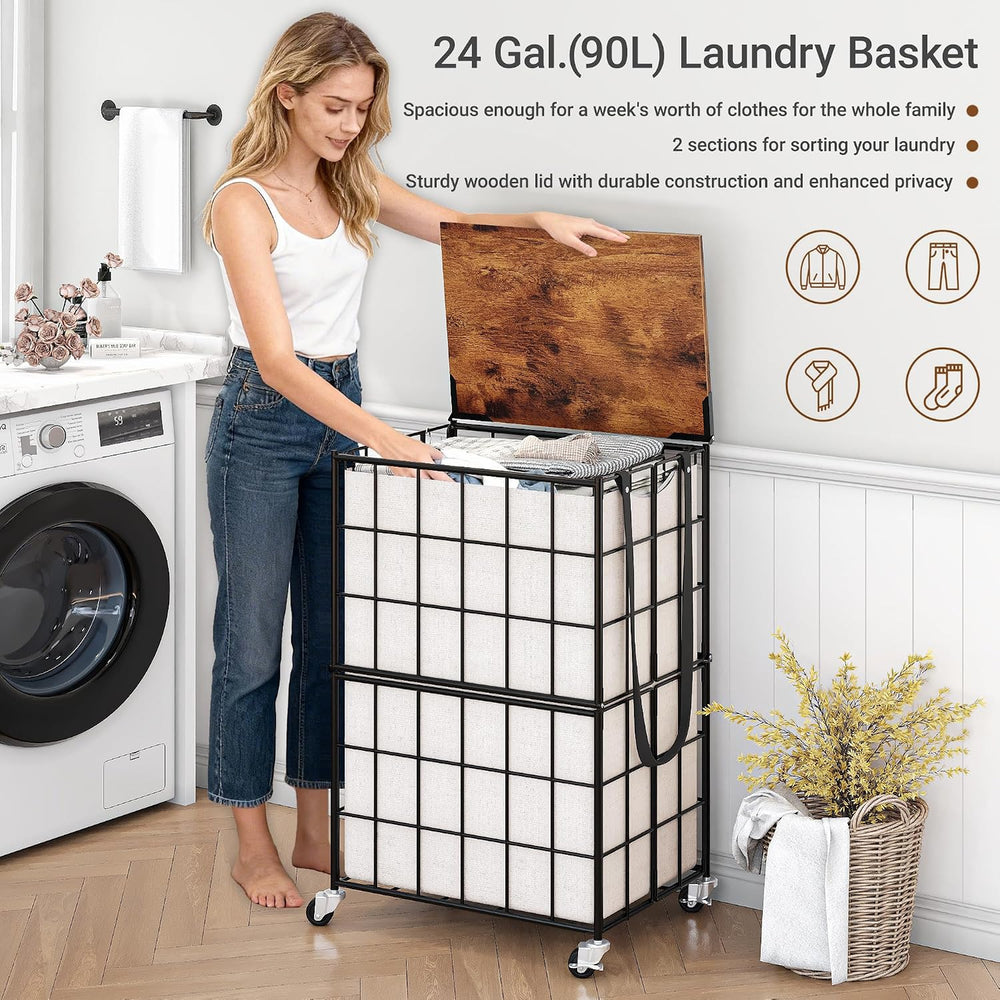 90L Laundry Basket with Wheels, Large Capacity Laundry Hamper with Removable ...