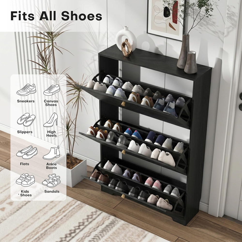 Nicetree Shoe Cabinet with 3 Flip Drawers, Entryway Shoes Organizer, Black
