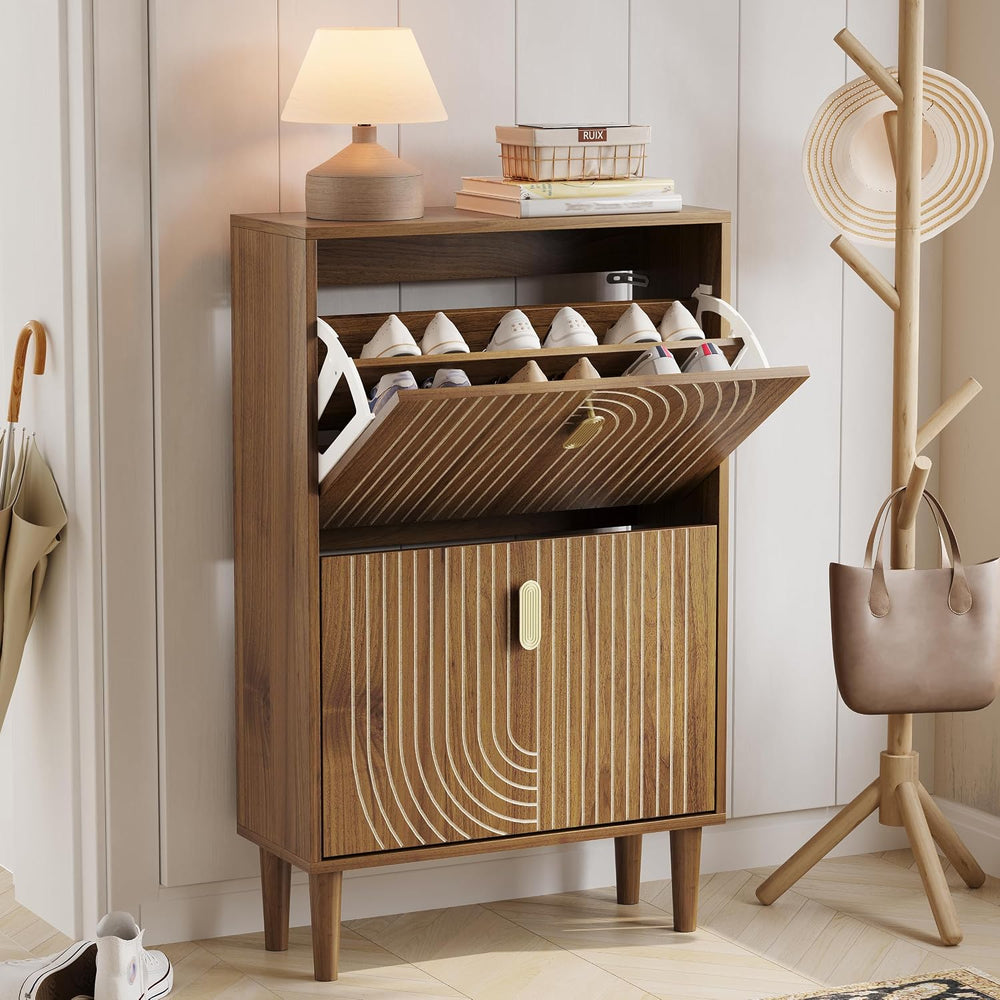 Shoe Storage Cabinet with 2 Flip Drawers, 23.6"(W) Freestanding Shoe Org...