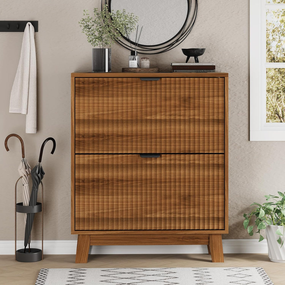 Xixini Shoe Cabinet with 2 Flip Drawers, 37" Tall Narrow Fluted Shoe Sto...