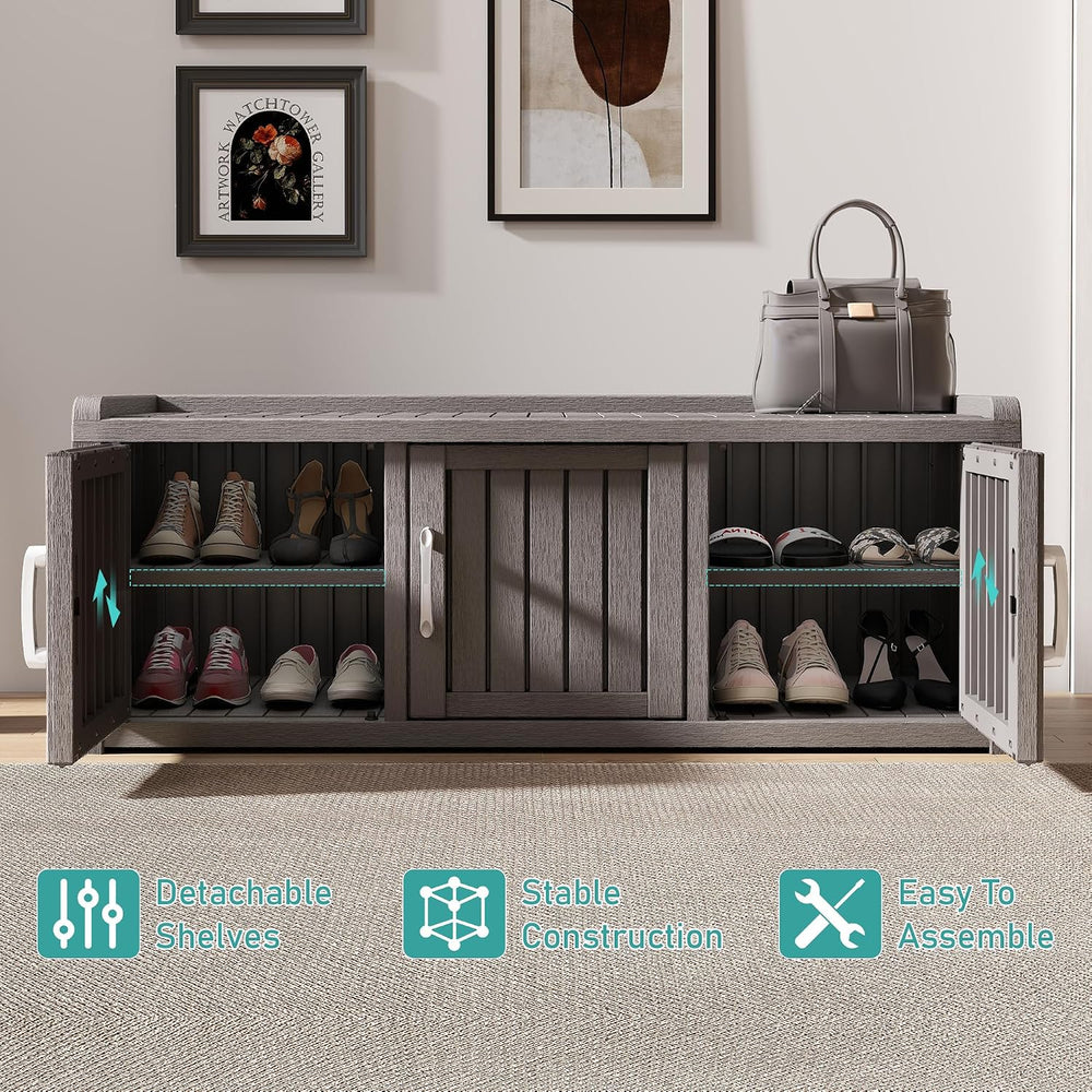 2-Tier Storage Bench, Waterproof UV-Resistant Outdoor Shoe Storage Cabinet wi...