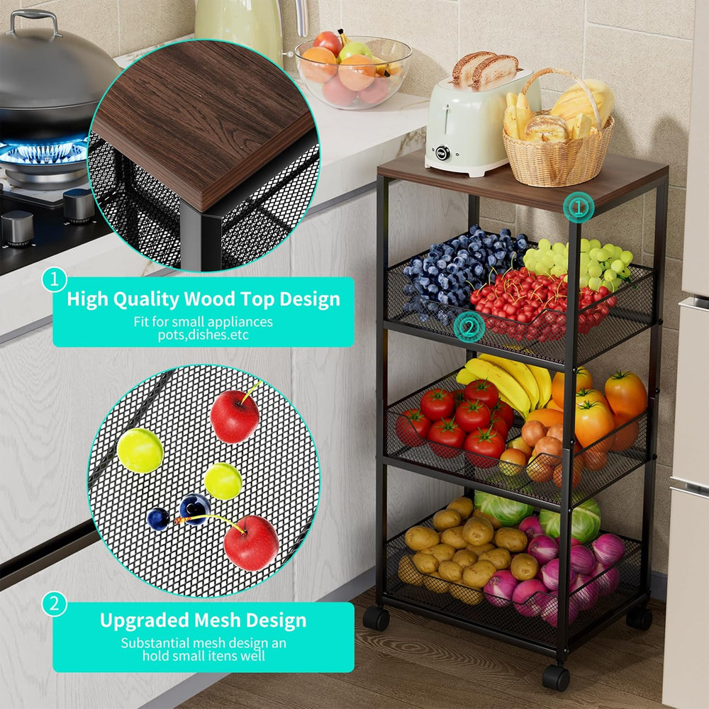 HapiRm Fruit Basket Kitchen Cart - 4-Tier Rolling Storage Cart with Wheels, F...