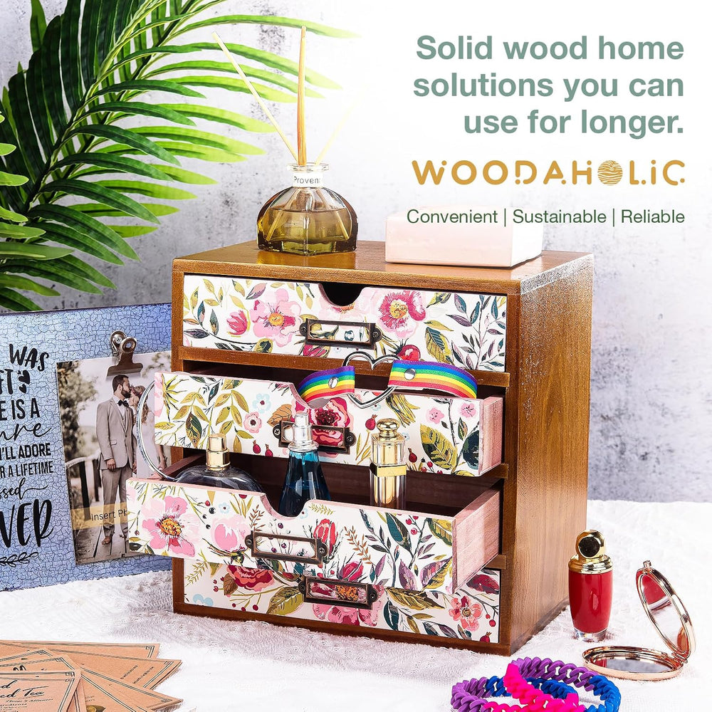 4-Drawer Vintage Desk Wood Storage Box With Drawers in Floral Chintz - Wooden...