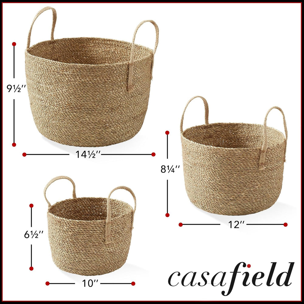 Casafield Set of 3 Braided Seagrass Baskets with Jute Handles - Natural, Wove...