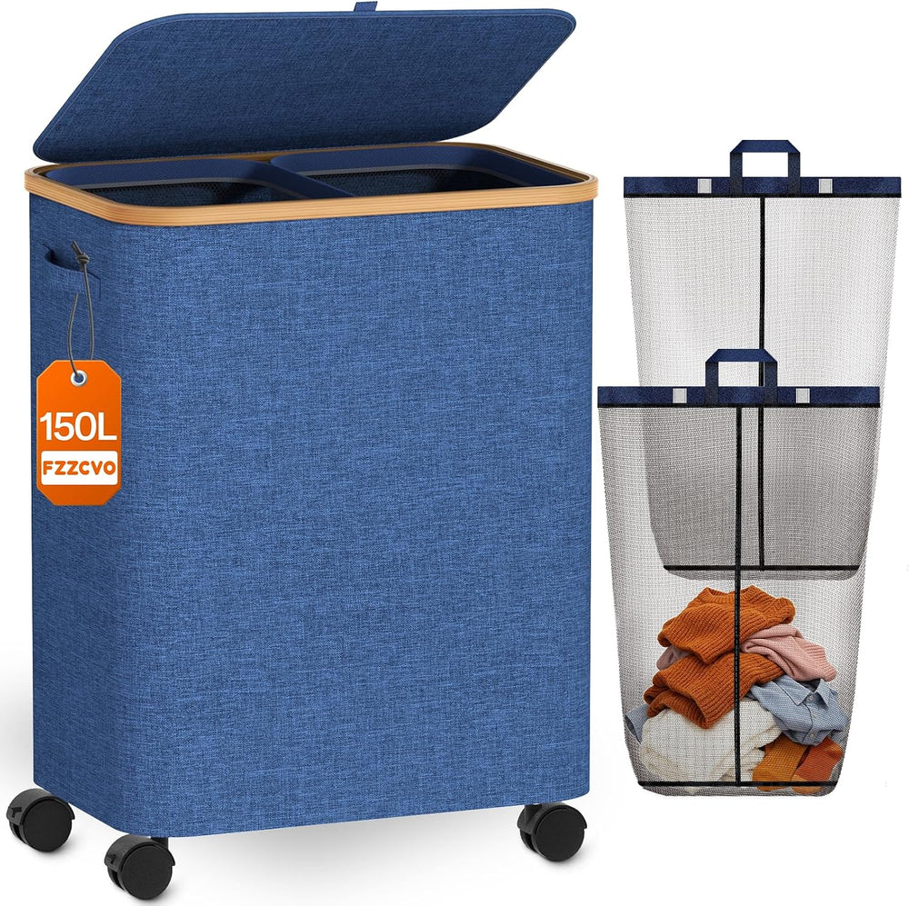 Double Laundry Basket with Wheels and Lid, 150L Clothes Hampers for Laundry