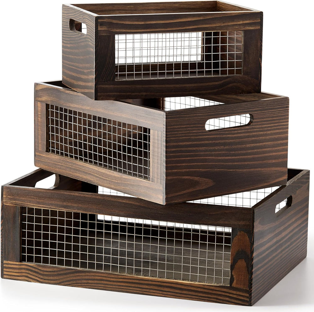 Set of 3 Extra Large Wooden Nesting Countertop Baskets, Rustic Wood Storage O...
