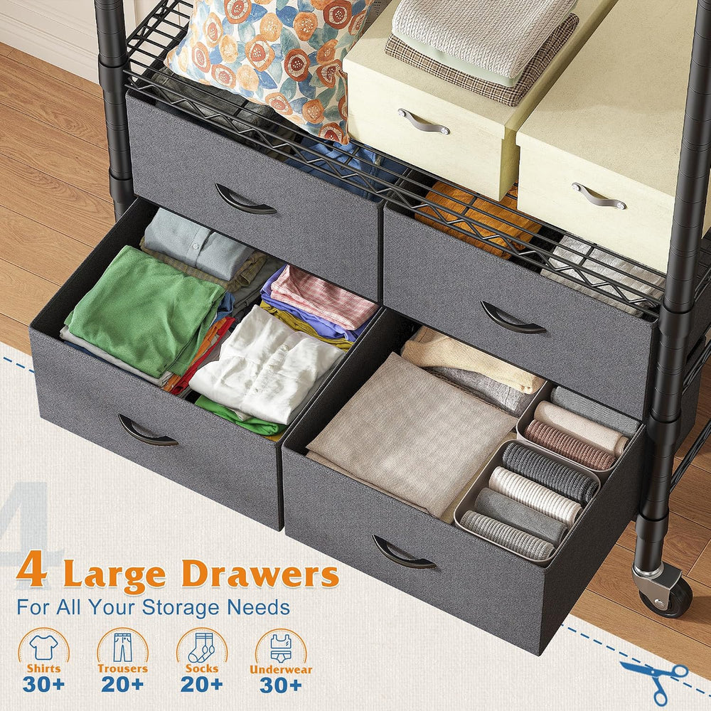 Raybee Rolling Clothes Rack, Portable Closet, 4 Drawers 4 Shelves, 450LBS