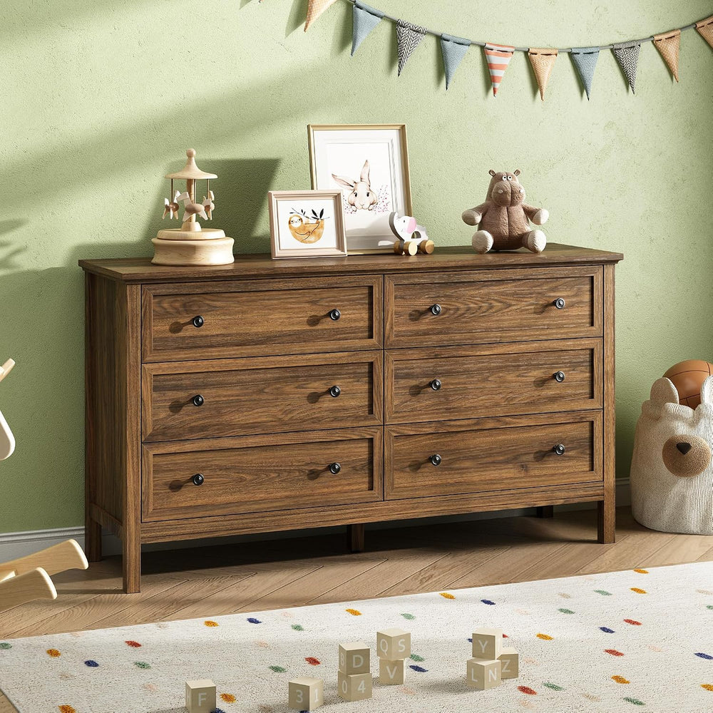 Tradare 55'' Walnut Dresser with 6 Drawers for Bedroom, Wood Dresser ...