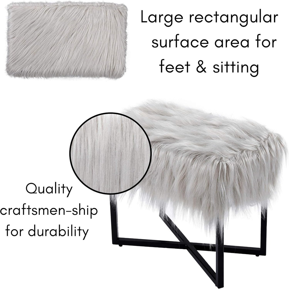 BIRDROCK HOME Rectangular Faux Fur Vanity Foot Stool Ottoman with Metal Legs ...