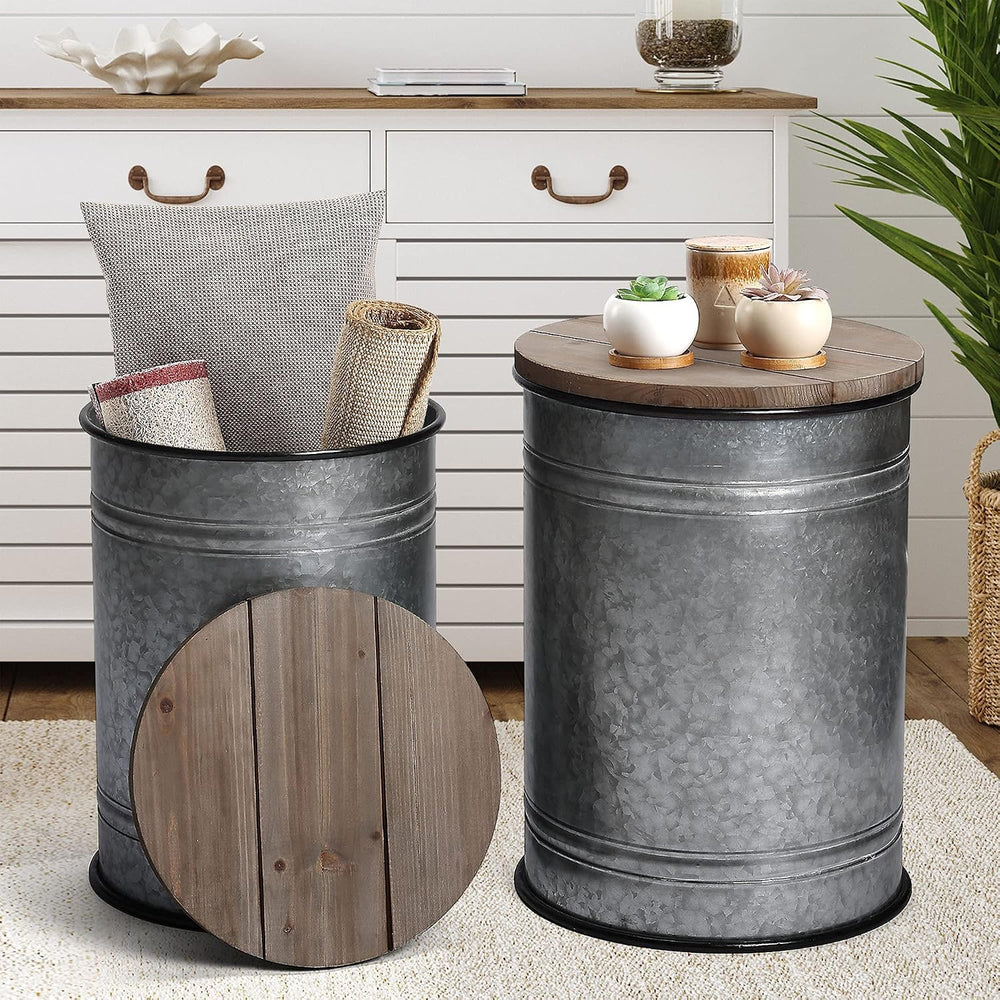 Rustic Storage Ottoman Seat Stool, Farmhouse Accent Side Table, Antique Galva...