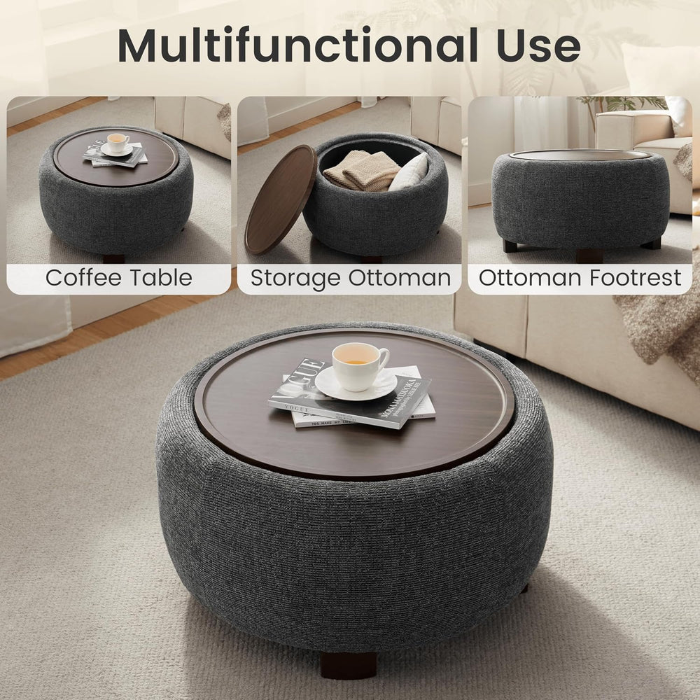VKNOW 30 Inch Fabric Round Storage Ottoman with Wood Lift-Off Lid, Black
