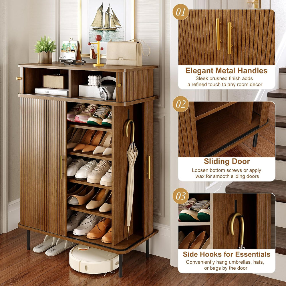 DreamDashio 5-Tier Shoe Cabinet with Tambour Sliding Door, Set of 2, Walnut