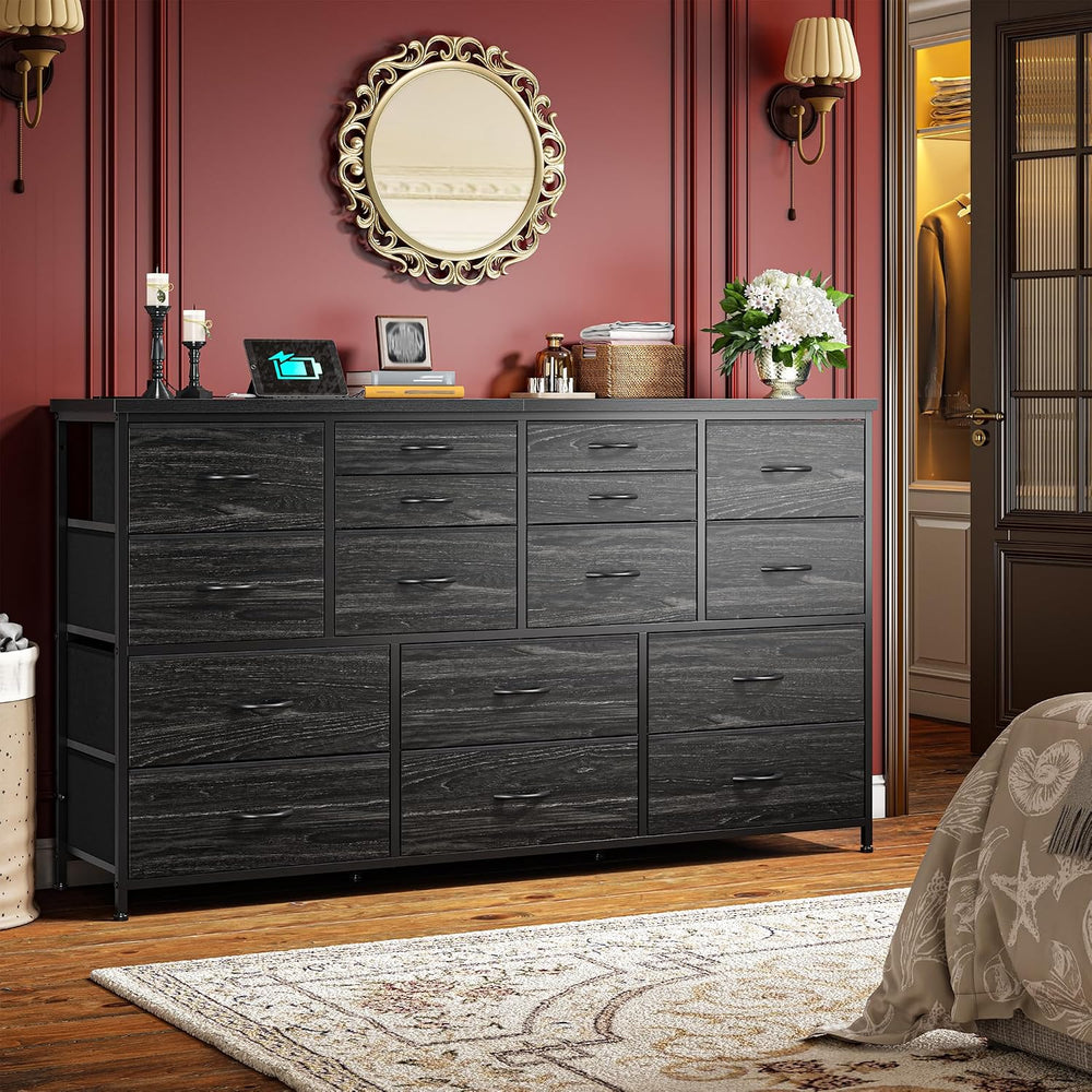 Romorgniz Long Dresser with 16 Fabric Drawers, TV Stand & Charging Station
