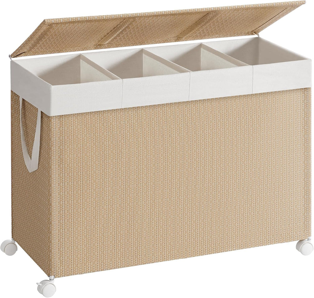 SONGMICS HOME Laundry Hamper with 4 Section, 180 L, Rattan, with Wheels
