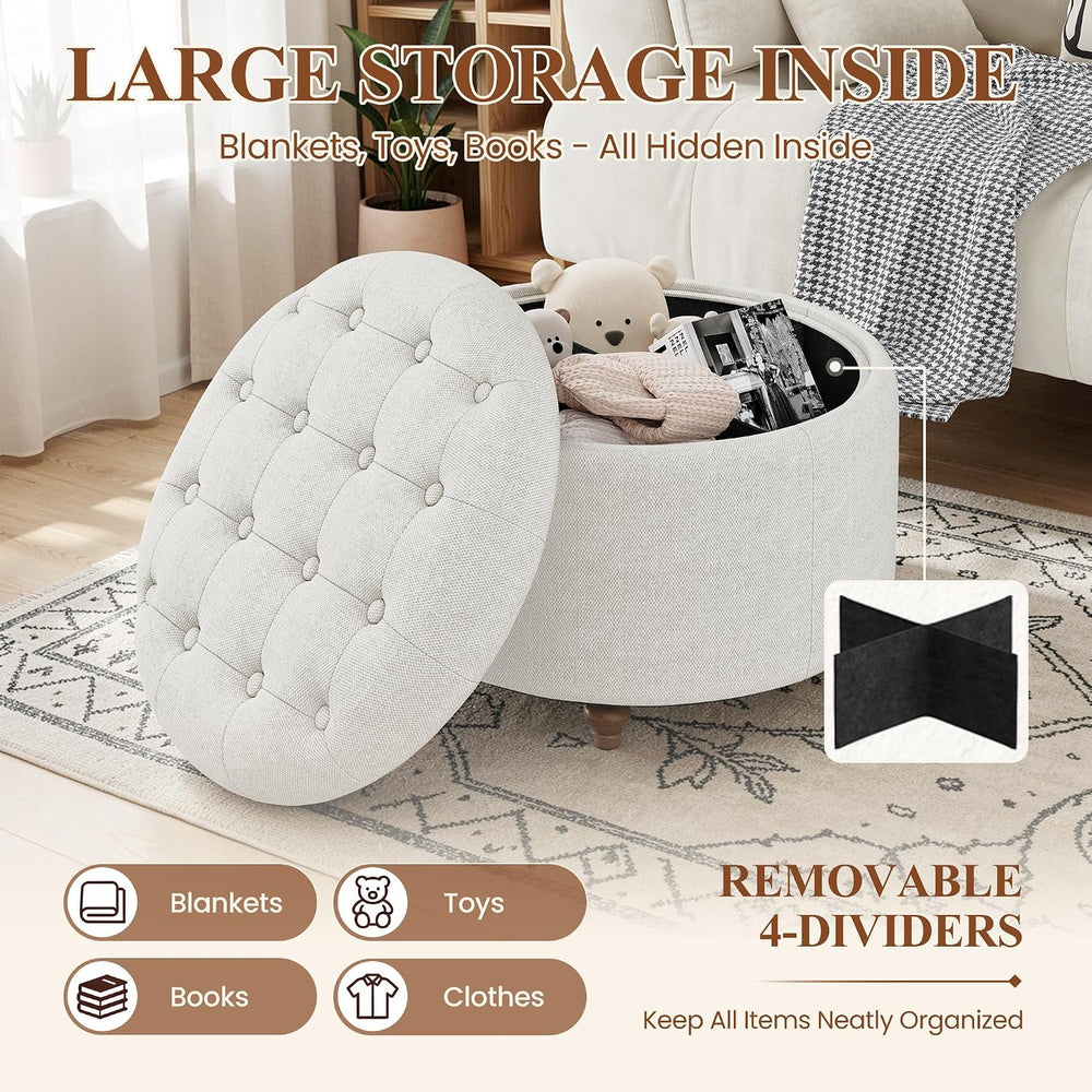 25" Round Ottoman with Storage, Small Coffee Table with Reversible Tray Lid