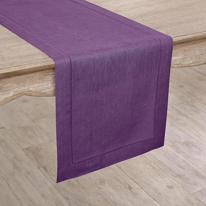 Solino Home Linen Purple Table Runner 72 Inches Long - 100% Pure Linen Hemsti...