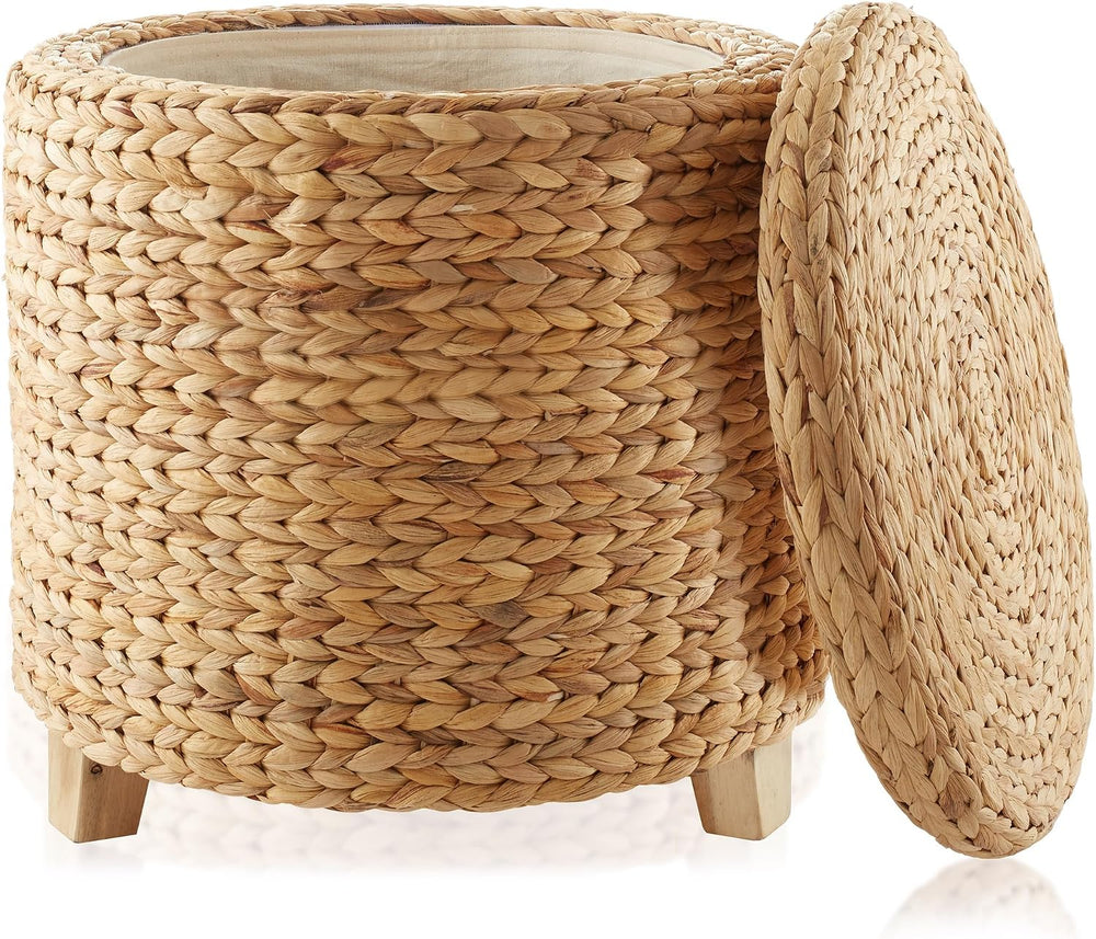 Casafield 17" Round Storage Ottoman with Lid - Natural, Handwoven Water ...
