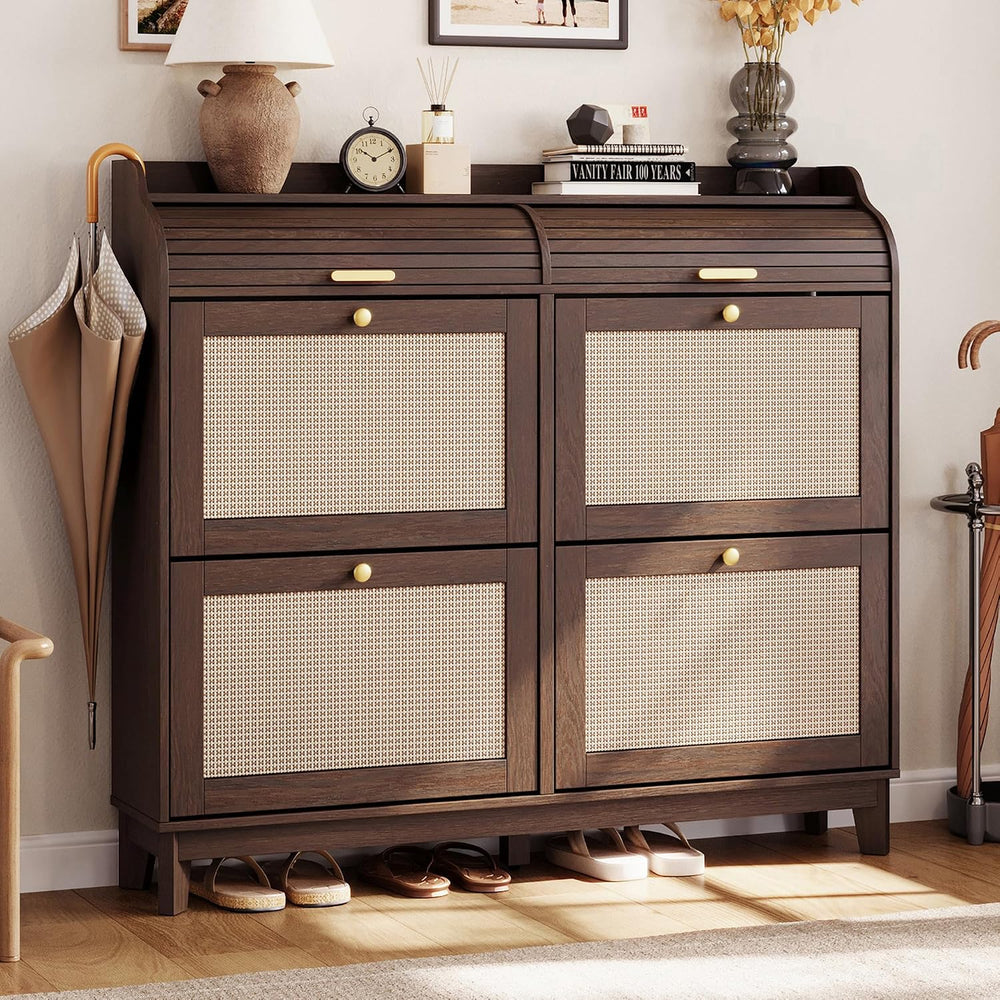 LINSY Shoe Storage Cabinet, Rattan Shoe Cabinet Flip Drawer Shoes Rack Cabine...