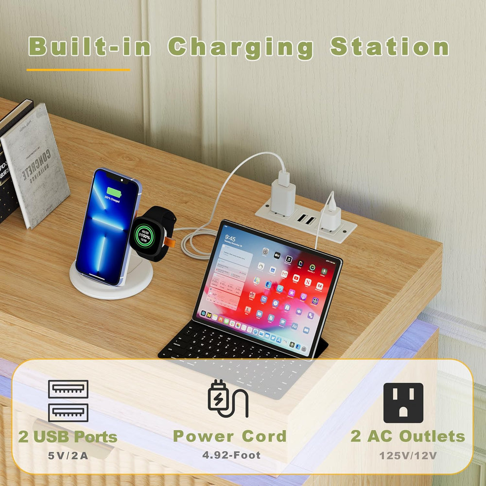 Fluted 6 Drawer Dresser LED Lights & Charging Station, Natural Oak