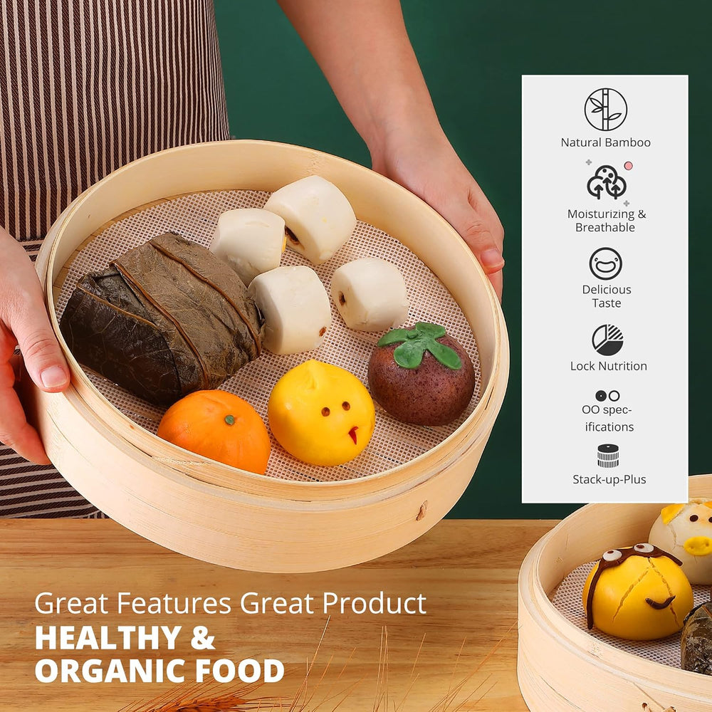 KitchenCrust Bamboo Steamer Basket 10 Inch, 2 Tier Dumpling Steamer Set