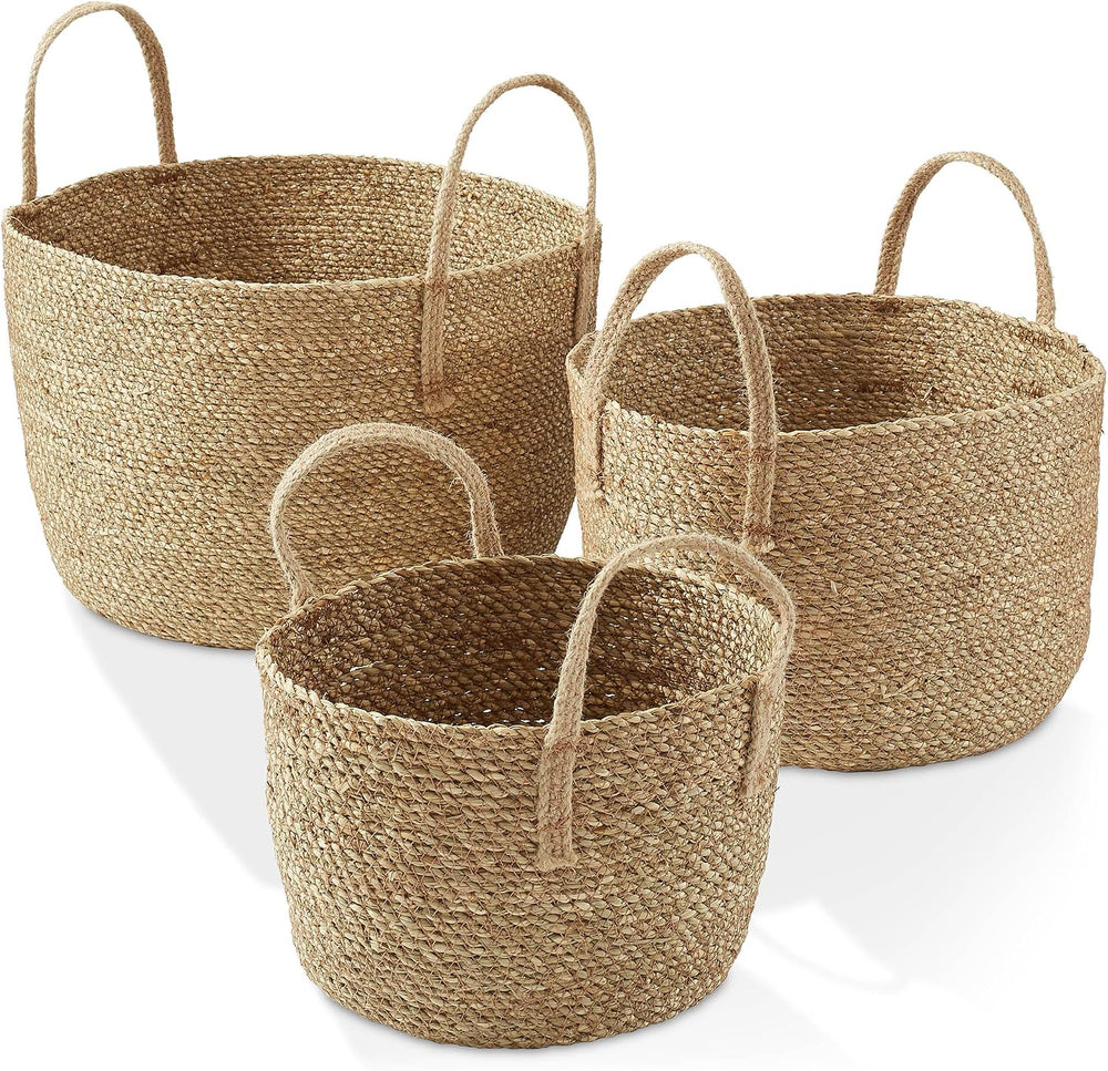 Casafield Set of 3 Braided Seagrass Baskets with Jute Handles - Natural, Wove...