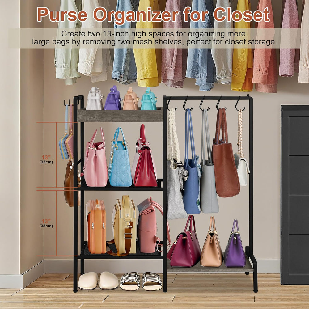 2-in-1 Shoe and Purse Rack, 5-Tier Shoe Rack with Wooden Tray & 7 Hooks, ...