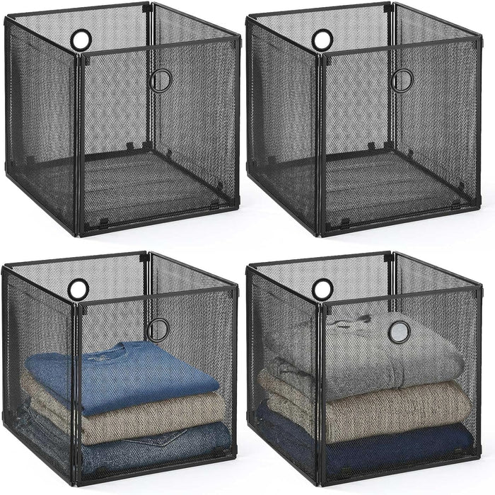 4 Pcs Foldable Metal Cube Storage Baskets, 13x13in, Black