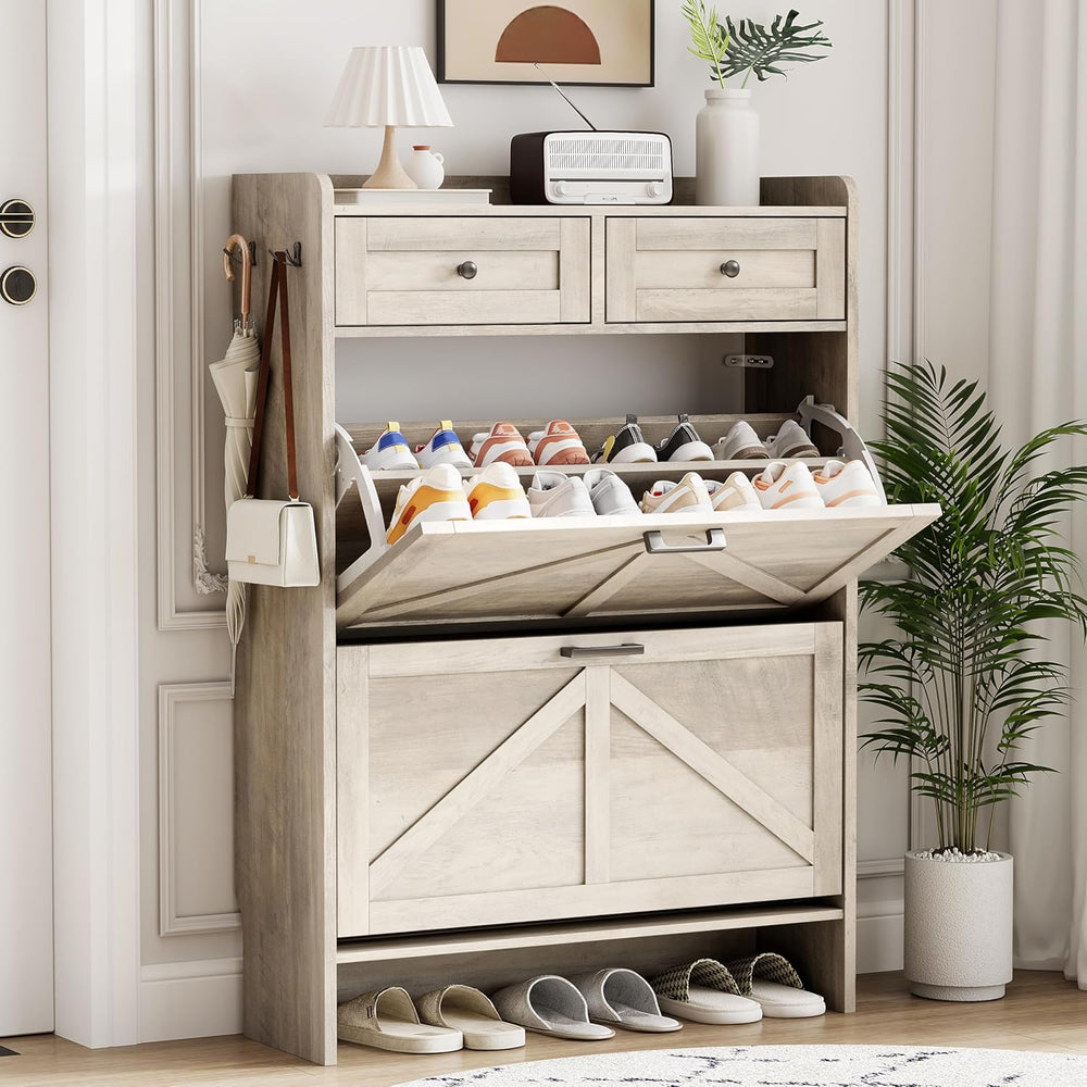 Shoe Cabinet with 2 Flip Drawers & 2 Top Drawers, 43" Tall Freestand...