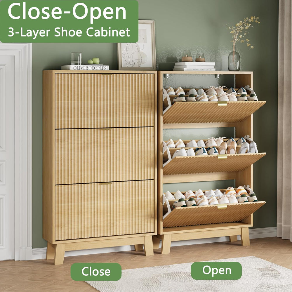 Xixini Shoe Cabinet with 3 Flip Drawers, 54" Tall Narrow Fluted Shoe Sto...